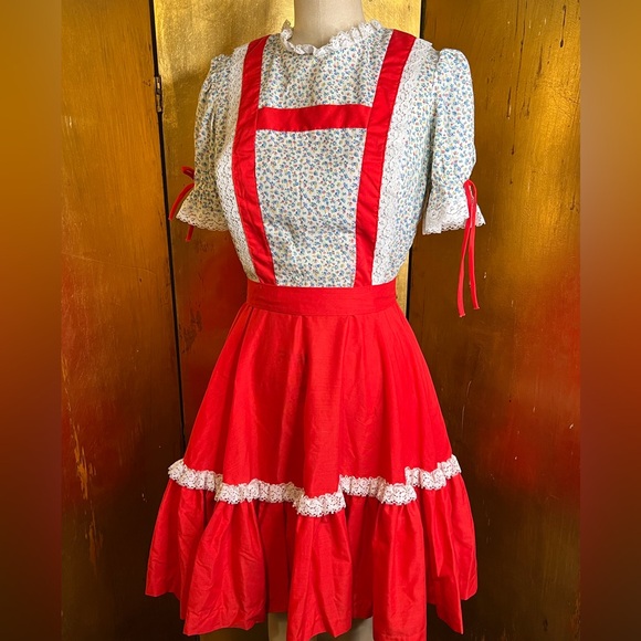 Partners Please Square Dance Dress Vintage Red White Floral Lace Trim sz 8 swing - Picture 2 of 7